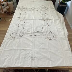 Vintage Madeira Tablecloth 69" x 84" Intricate Cutwork Gray Floral Embroidery